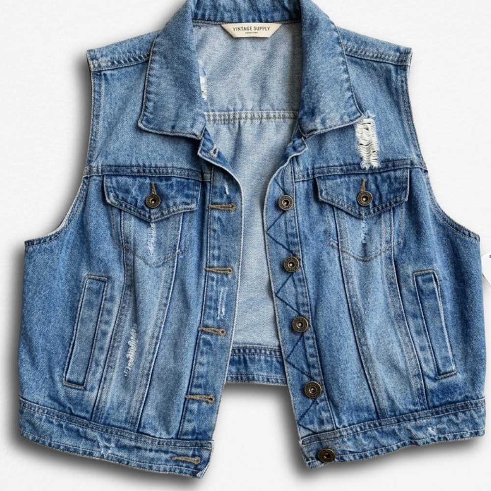 Vintage Supply Highway Jeans Distressed Denim Vest Cropped Y2K Medium Wash L